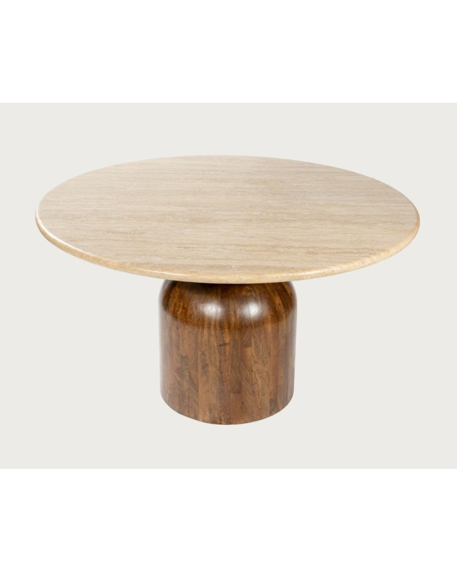 Table salle à manger ronde en granit "Séraphis" - Plateau en Travertin & Piétement en Bois de Manguier