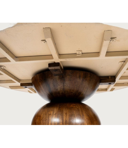 Séraphis - Table salle à manger ronde avec Plateau Travertin Bois de Manguier