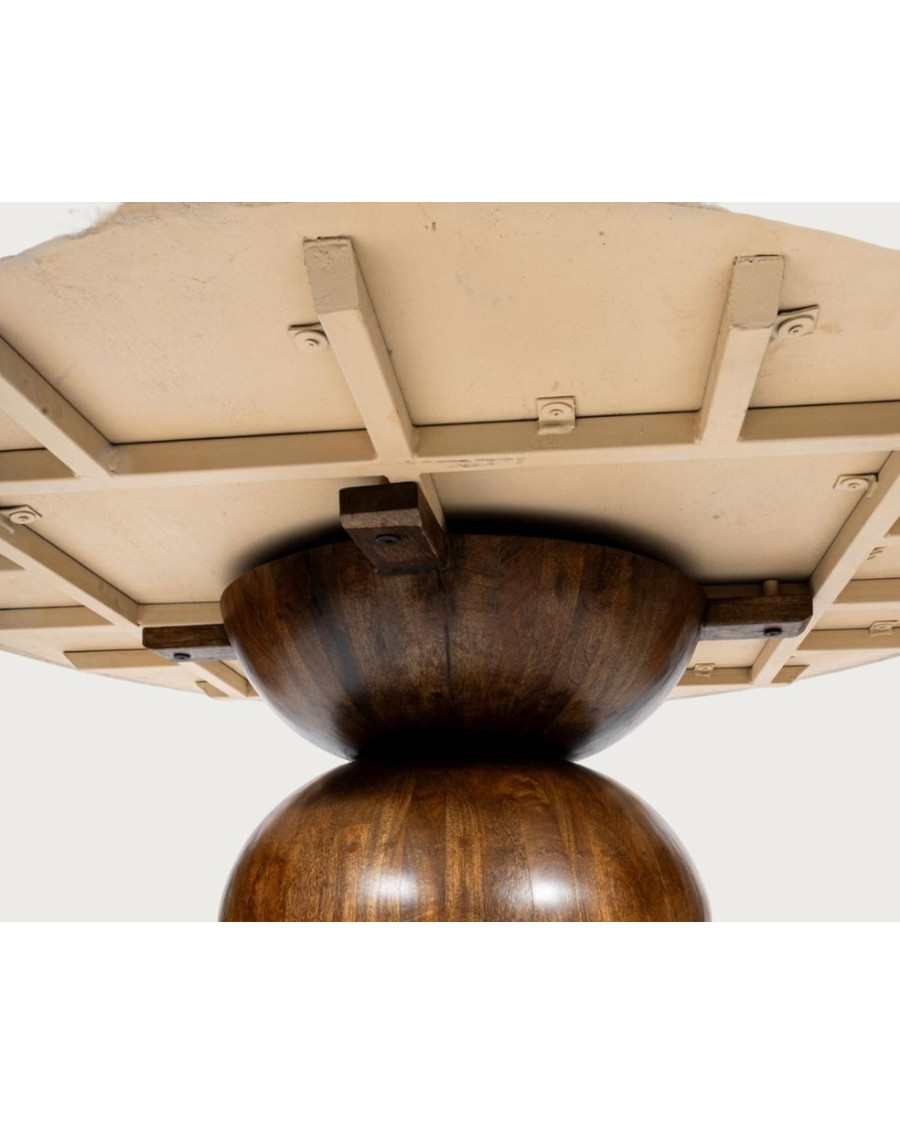 Séraphis - Mesa de comedor redonda de granito, tablero de travertino y base de madera de mango