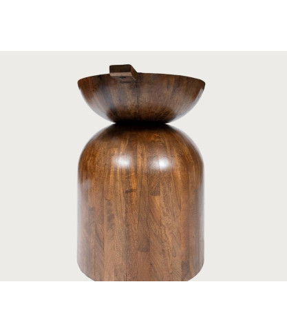 Séraphis - Table salle à manger ronde en granit, Plateau en Travertin & Piétement en Bois de Manguier