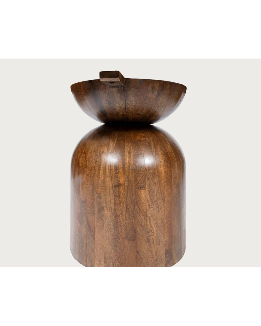 Séraphis - Table salle à manger ronde en granit, Plateau en Travertin & Piétement en Bois de Manguier