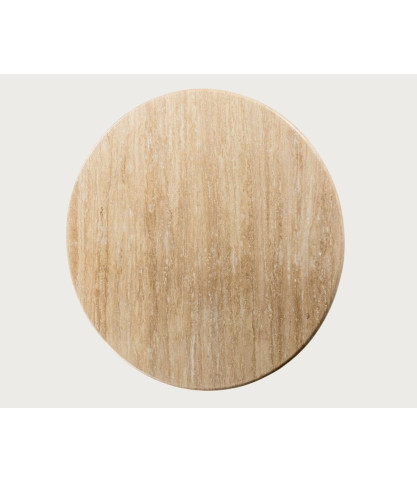 Séraphis - Table salle à manger ronde , Plateau en Travertin & Piétement en Bois de Manguier