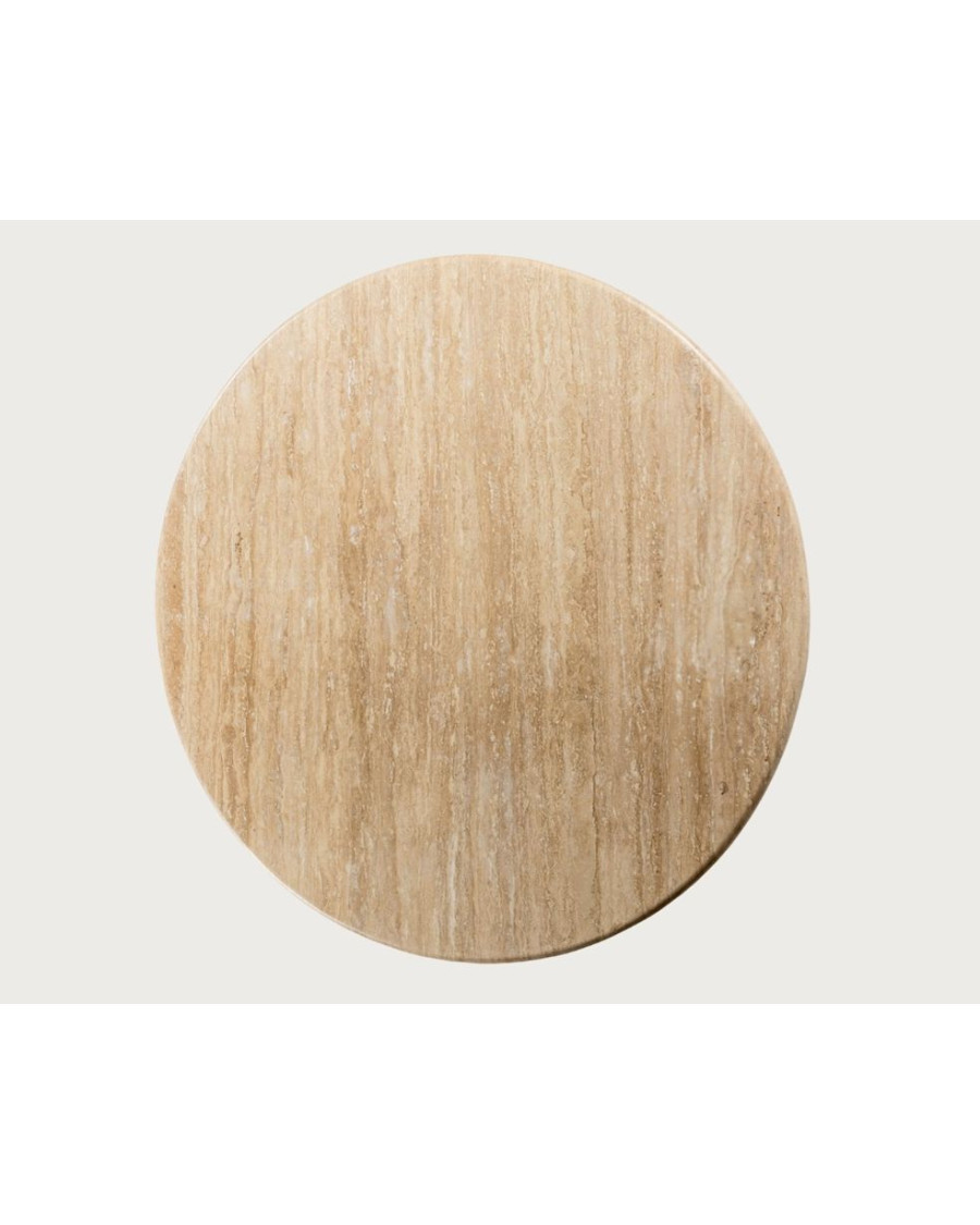 Table salle à manger ronde en granit "Séraphis" - Plateau en Travertin & Piétement en Bois de Manguier