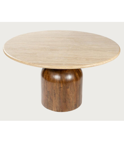 Séraphis - Table salle à manger ronde en granit, Plateau en Travertin & Piétement en Bois de Manguier
