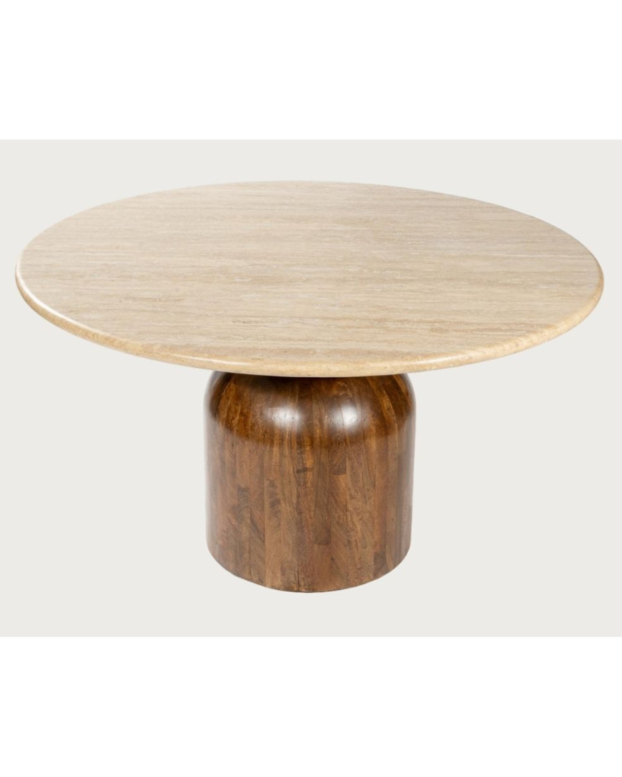 Séraphis - Mesa de comedor redonda de granito, tablero de travertino y base de madera de mango