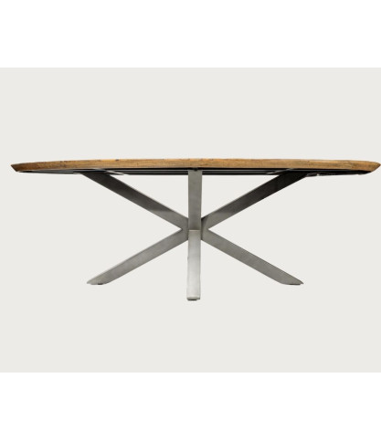 Table salle à manger ovale "Apogée" - Plateau en Manguier à Chevrons & Pied Étoile en Métal