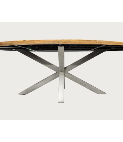 Table salle à manger ovale "Apogée" - Plateau en Manguier à Chevrons & Pied Étoile en Métal