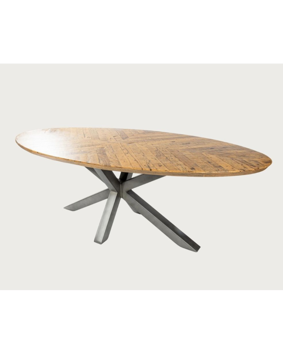 Apogée - Mesa de comedor ovalada, tablero de mango en espiga y base de estrella de metal