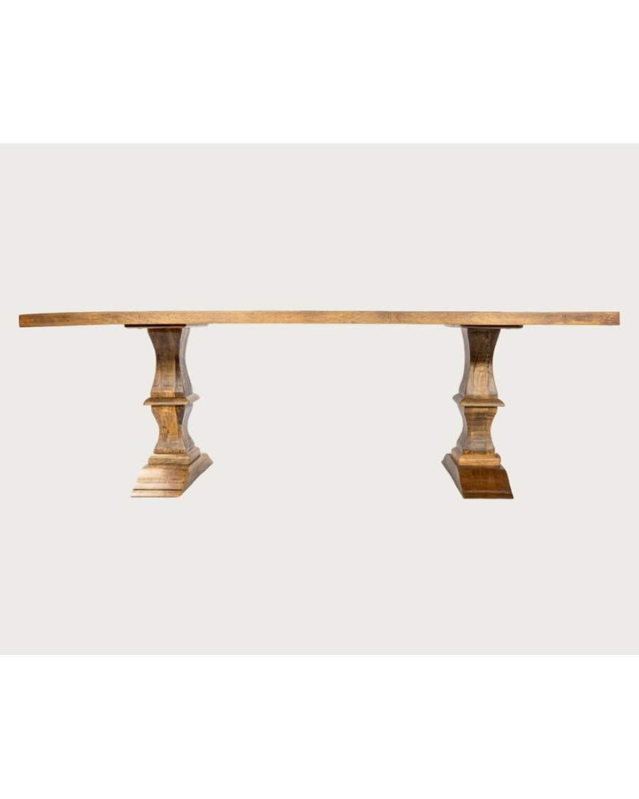 Maestro - Mesa de comedor rectangular de madera de eucalipto, doble pedestal y diseño de espiga