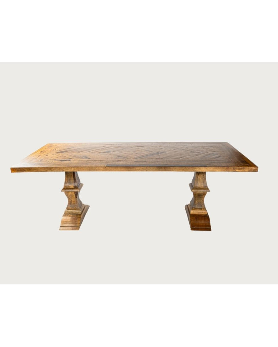 Maestro - Table salle à manger rectangulaire bois eucalyptus, Double Piédestal & Motif à Chevrons