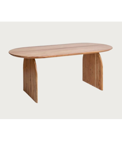Véga - Mesa de comedor ovalada de madera de acacia, base de diseño curvo y estilo minimalista