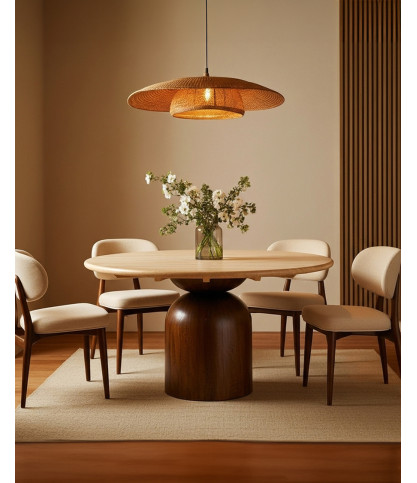 Séraphis - Table salle à manger ronde avec Plateau Travertin Bois de Manguier