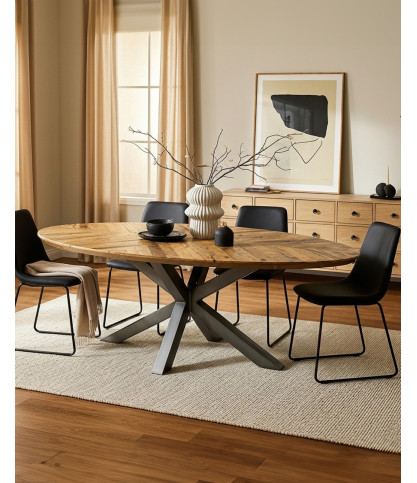 Apogee - Mesa de comedor ovalada, tablero de madera de mango con diseño de espiga y base metálica en forma de estrella.