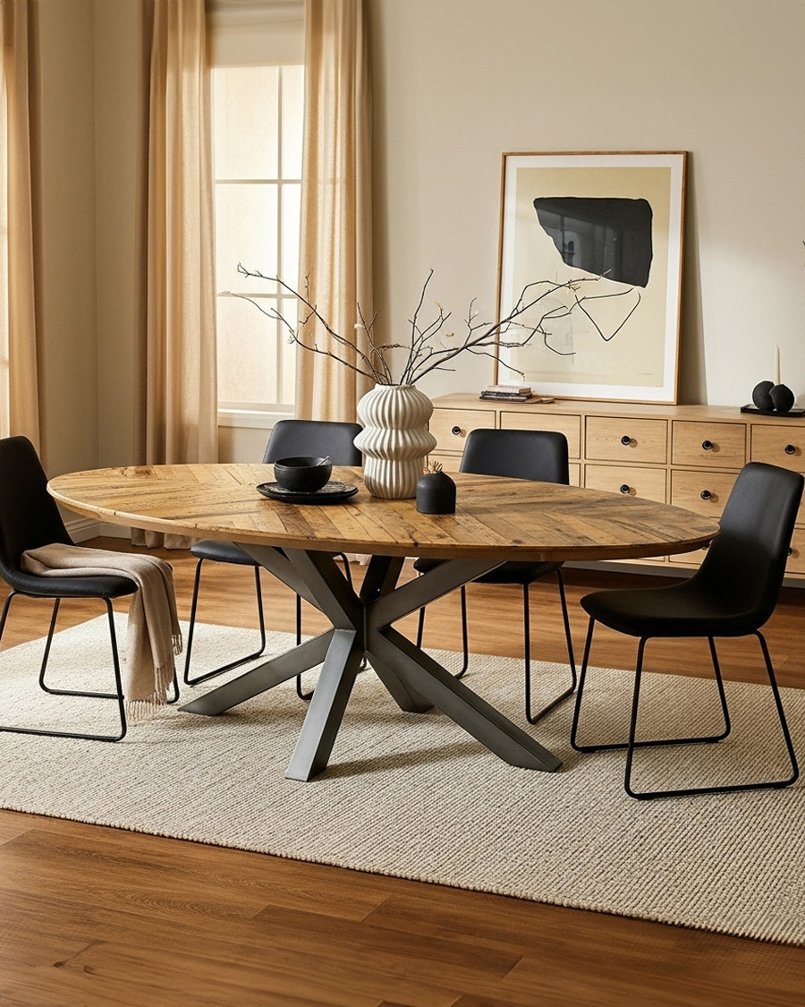 Apogee - Mesa de comedor ovalada, tablero de madera de mango con diseño de espiga y base metálica en forma de estrella.