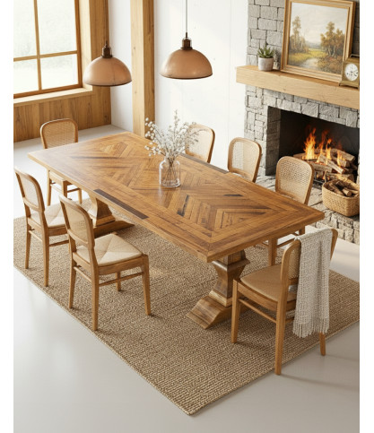 Table salle à manger rectangulaire bois eucalyptus "Maestro" - Double Piédestal & Motif à Chevrons