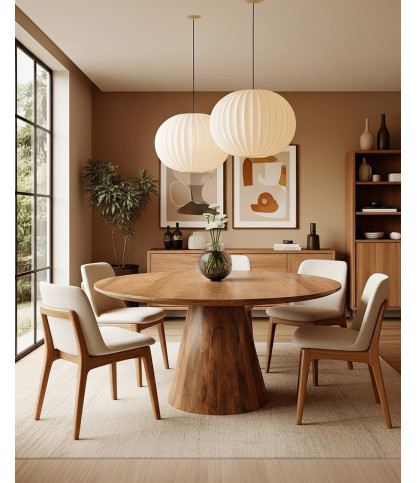 Bistrot - Mesa de comedor redonda de madera de mango, base cónica y estilo acogedor
