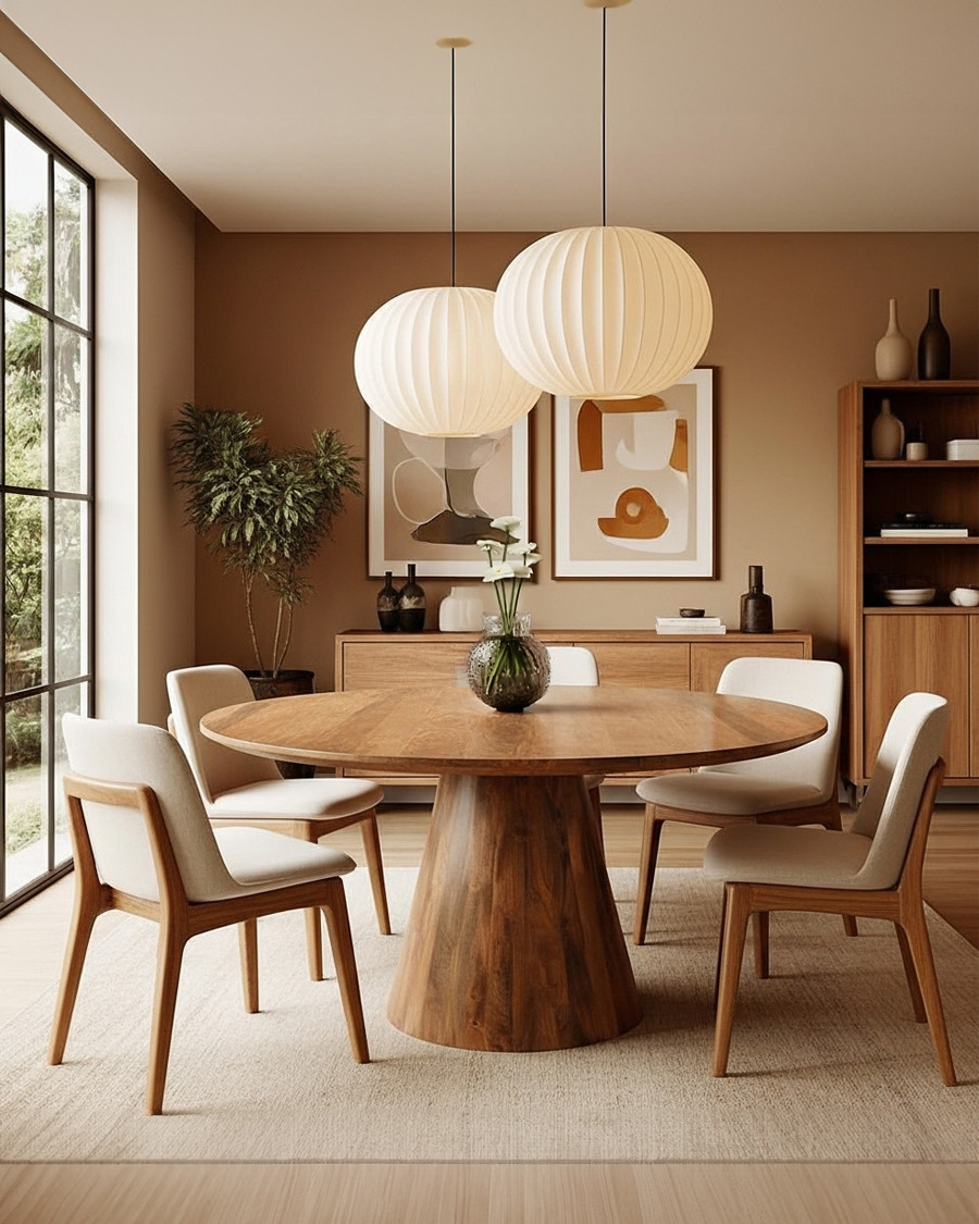 Bistro - Round mango wood dining table, tapered legs & convivial style