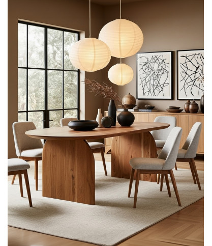 Véga - Mesa de comedor ovalada de madera de acacia, base de diseño curvo y estilo minimalista.