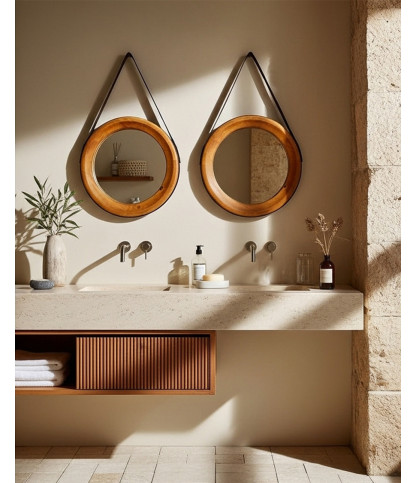 Brio - Miroir rond pour salle de bain en bois et lanière en cuir