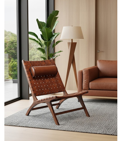 California - Loungefauteuil met hoge rugleuning van teakhout en bruin leer