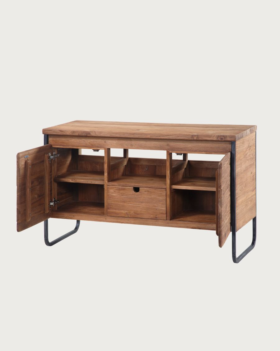 Industrial bathroom cabinet in teak and metal, 2 doors and 1 drawer, 120 cm Industrial bathroom cabinet in teak and metal, 2 doors and 1 drawer, 120 cm