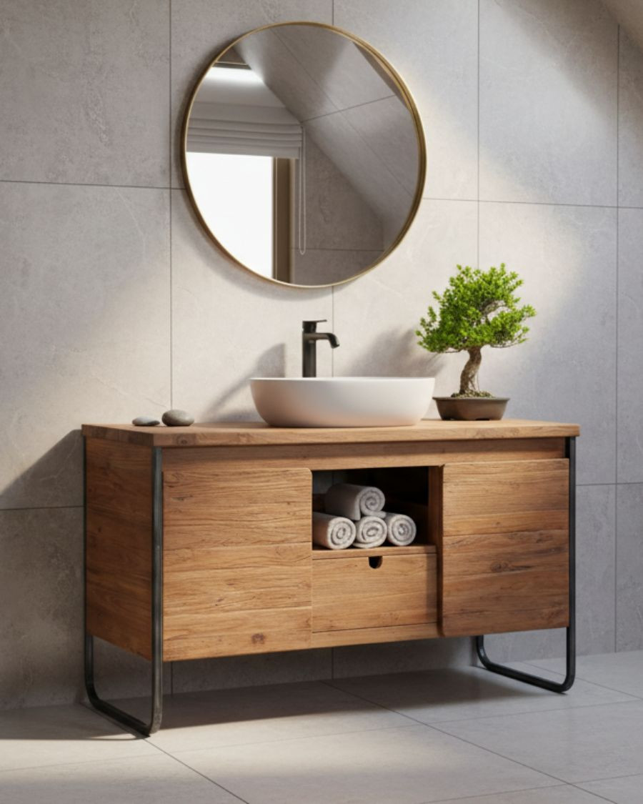 Mueble de baño industrial de teca y metal, 2 puertas y 1 cajón, 120 cm Mueble de baño industrial de teca y metal, 2 puertas y 1 cajón, 120 cm