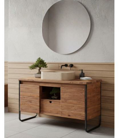 Azur Grand - Mueble de baño industrial en teca y metal con 2 puertas, 120 cm