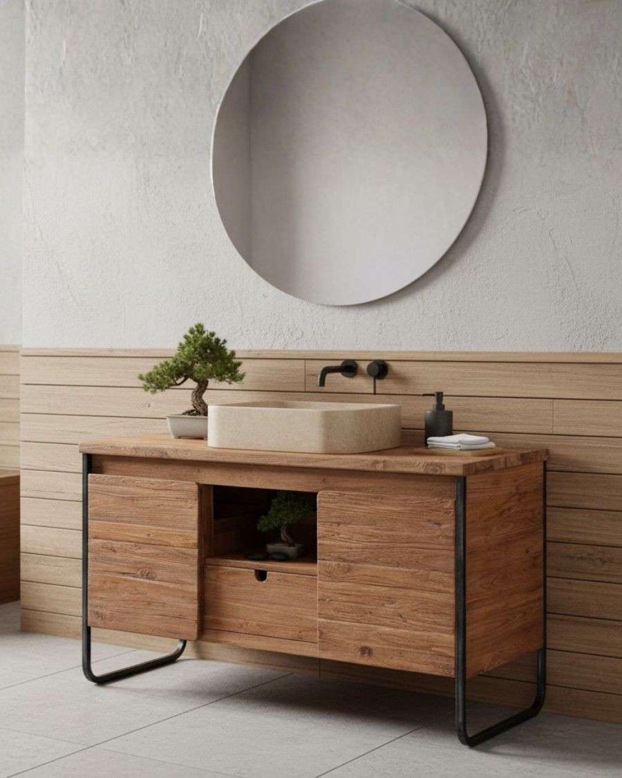 Azur Grand - Industrial bathroom cabinet in teak and metal with 2 doors, 120 cm