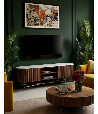 Céline - Mueble de TV de madera de mango con encimera de mármol 150 cm