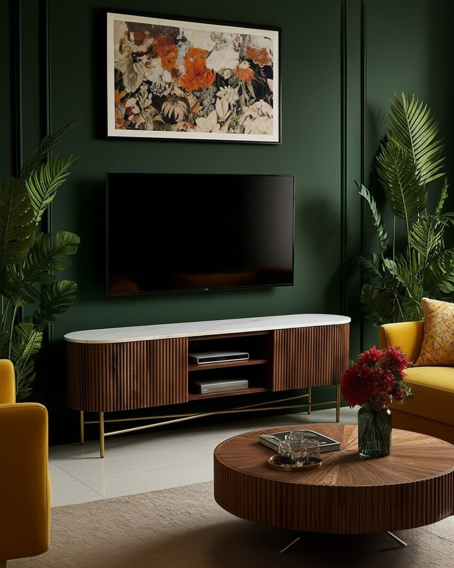 Céline - Meuble tv en bois avec plateau marbre 150 cm