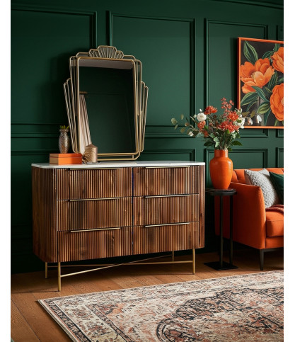 Céline - Chest of drawers in solid mango wood and white marble, 133 cm