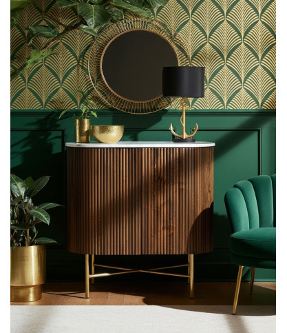 Céline - dressoir met 2 deuren, gemaakt van massief mangohout en wit marmer, 65 cm