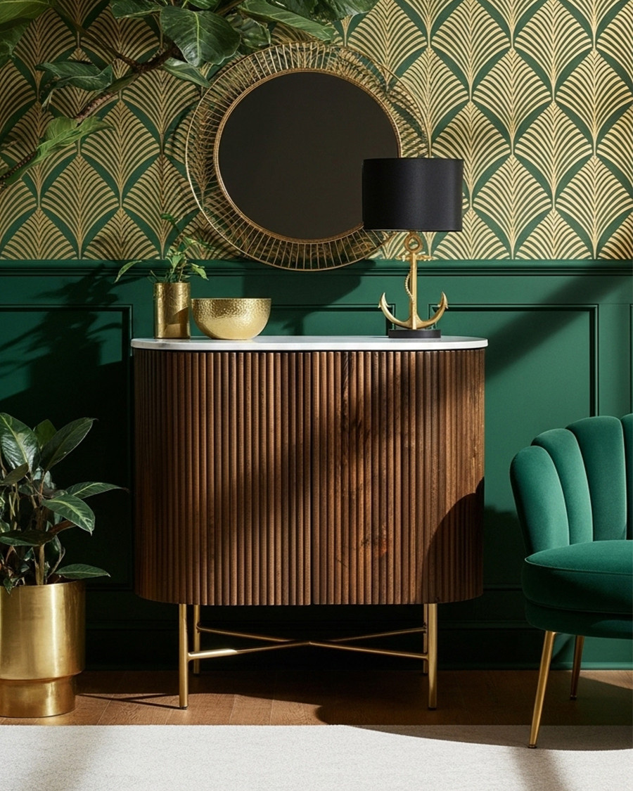 Céline - dressoir met 2 deuren, gemaakt van massief mangohout en wit marmer, 65 cm