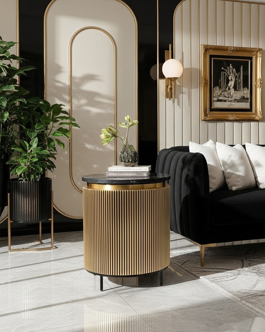 Glory - Table d'appoint finition laiton vieilli avec plateau en marbre noir