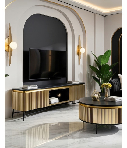 Glory - Meuble tv finition laiton vieilli avec plateau en marbre noir 170 cm