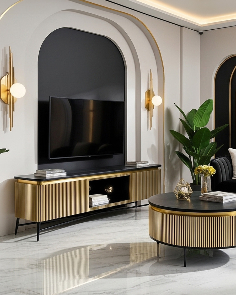 Glory - Meuble tv finition laiton vieilli avec plateau en marbre noir 170 cm