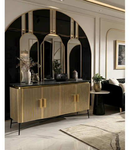 Glory - Grand buffet finition laiton  avec plateau en marbre blanc 145 cm