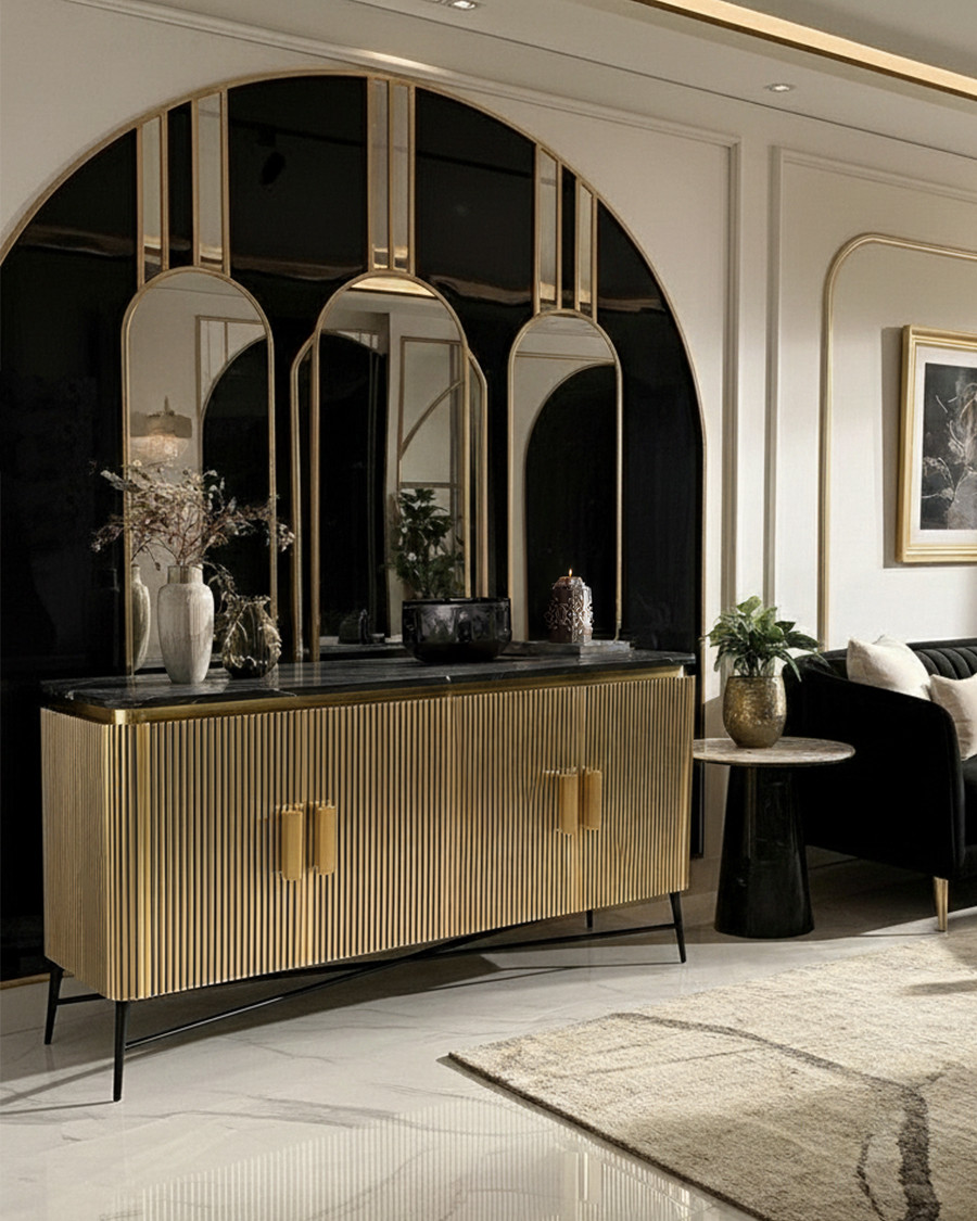 Glory – Großes Sideboard mit Oberfläche aus gealtertem Messing und schwarzer Marmorplatte, 160 cm