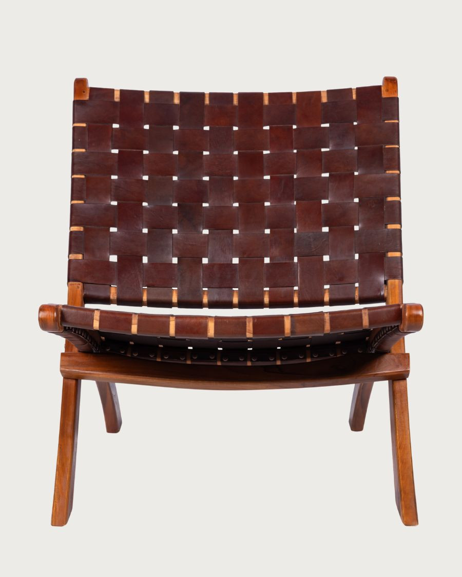 Kenza - Sillón plegable de teca y cuero trenzado