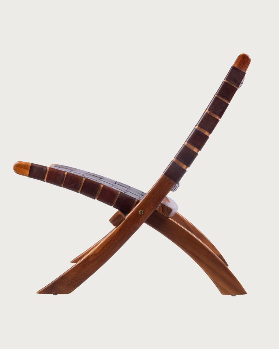 Kenza - Sillón plegable de teca y cuero trenzado