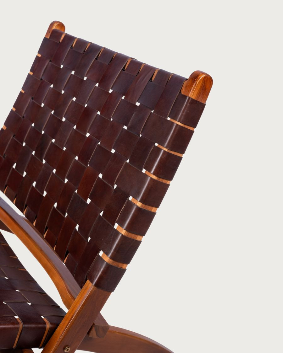 Kenza - Sillón plegable de teca y cuero trenzado