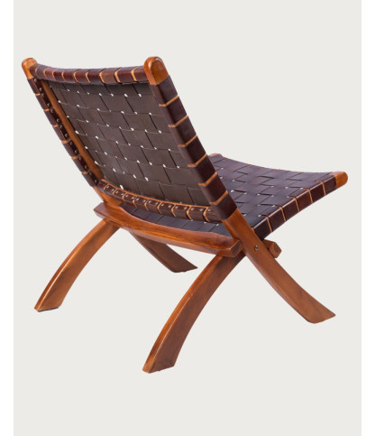 Kenza - Sillón plegable de teca y cuero trenzado