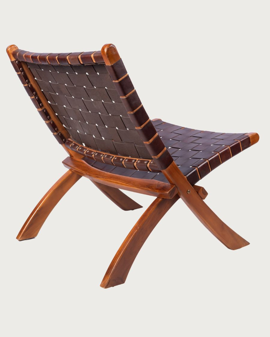Kenza - Sillón plegable de teca y cuero trenzado
