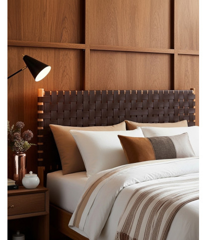 Kenza - Headboard in Woven Leather and Solid Teak