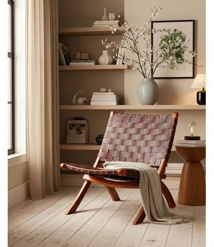 Kenza - Poltrona pieghevole in teak e pelle intrecciata