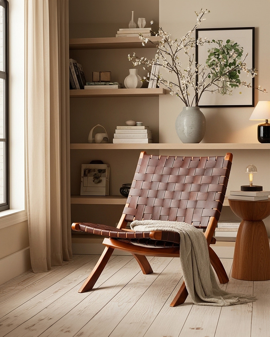 Kenza - Folding Armchair in Leather and Teak