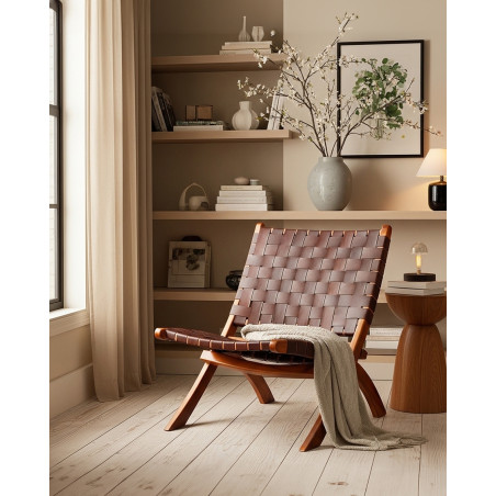 Kenza - Fauteuil pliant en teck et en cuir tressé