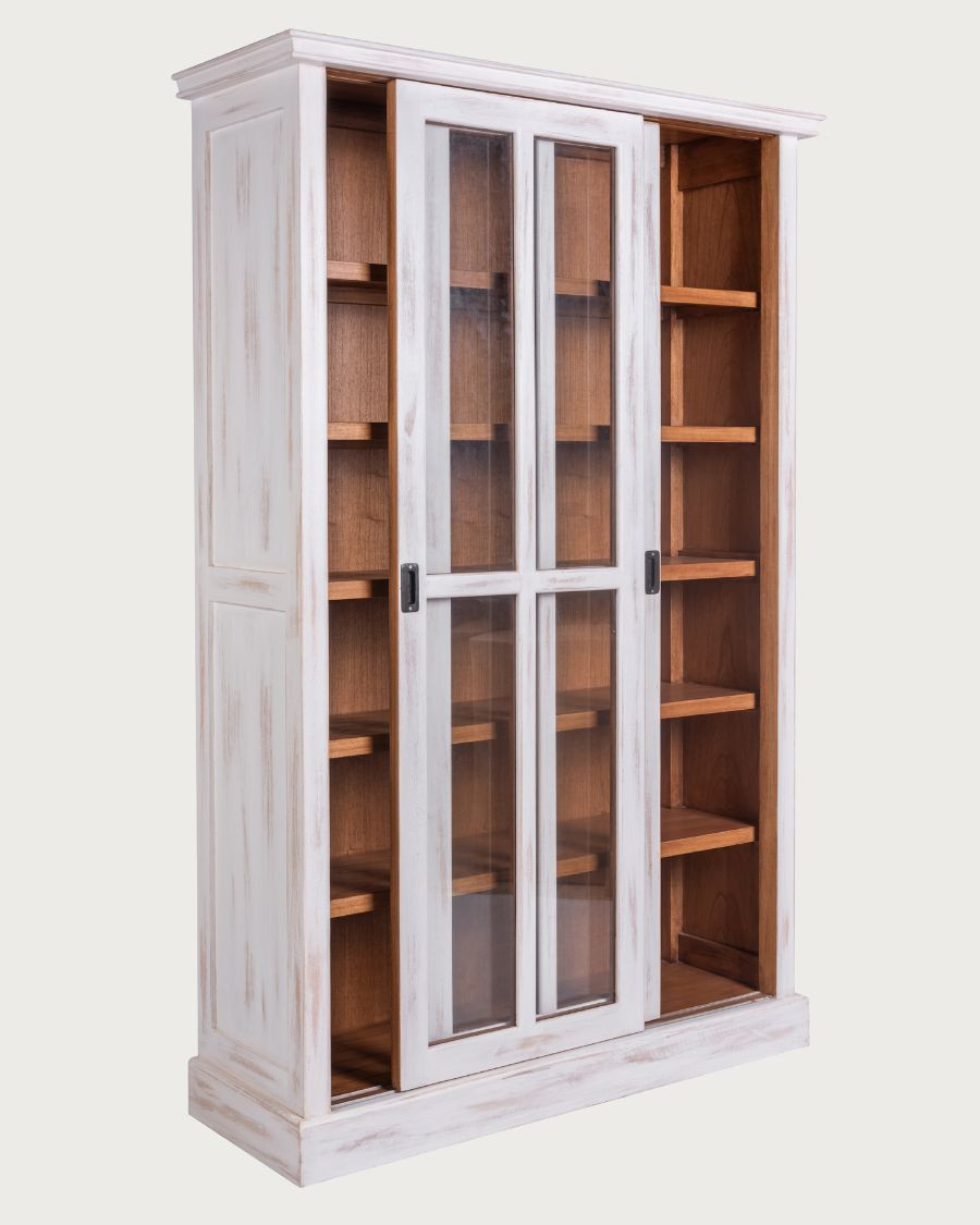 Oxford White - Bibliothèque blanche en bois massif à portes coulissantes