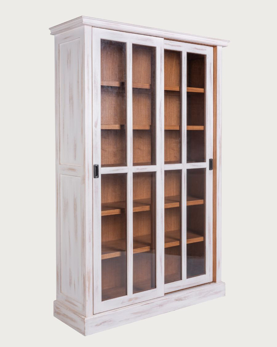 Oxford White - Bibliothèque blanche en bois massif à portes coulissantes