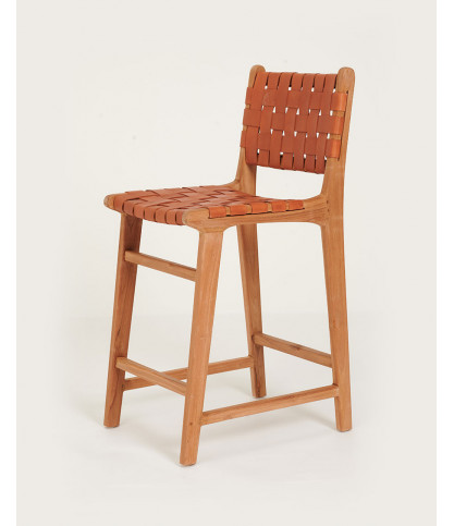 Ambra - Set of 2 Bar Stools in Solid Teak and Brown Braided Cowhide Leather